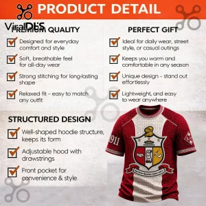 Kappa Alpha Psi fraternity short-sleeve shirt with red and white ornate patterns, 1911 text, and official Greek crest.!