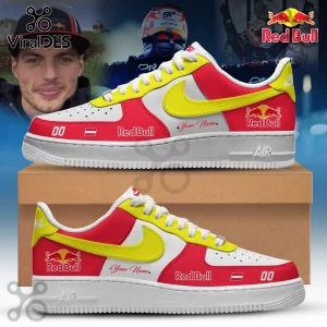 Custom Red Bull Racing Nike Air Force 1 sneakers featuring yellow swooshes, red panels, and white leather accents.