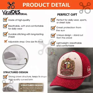 Kappa Alpha Psi baseball cap in crimson and white with embroidered fraternity crest, curved brim, and adjustable back strap.!