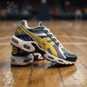 Michigan 2024 NCAA Men's Basketball Champions sneaker with yellow M logo, blue, white, and gray colorway on court.!