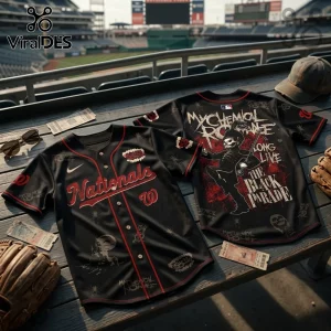Black Washington Nationals baseball jerseys featuring My Chemical Romance The Black Parade graphics on a stadium bench.!