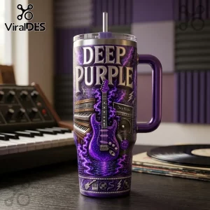 Deep Purple Rock Band Purple 40oz Stanley Tumbler featuring electric guitar and keyboard graphics on a purple background.
