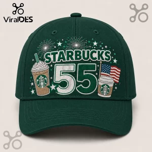 Starbucks 55th Anniversary Dark Green Baseball Cap featuring printed fireworks, coffee cups, and a US flag graphic.