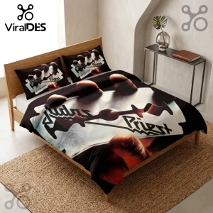 Judas Priest British Steel album art bedding set featuring a hand holding a razor blade on black polyester fabric.!