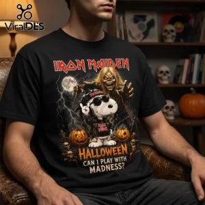 Snoopy x Iron Maiden Halloween Black T-Shirt featuring Eddie and Snoopy with pumpkins, lightning, and full moon graphics.