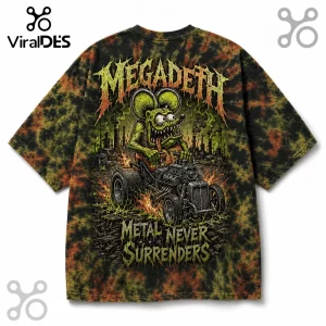 Megadeth band t-shirt with Vic Rattlehead rat driving hot rod on black and olive green tie-dye fabric.!