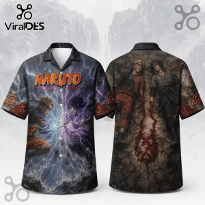 Naruto and Sasuke button-up shirt featuring front battle scene and back showing both characters lying on cracked ground.!