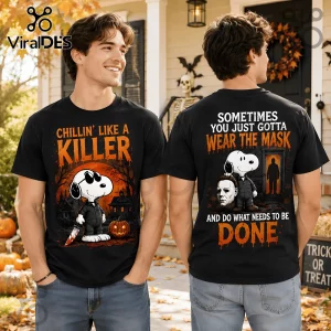 Snoopy Halloween Michael Myers Chillin Killer T-Shirt with front graphic of Snoopy and back graphic with horror quotes.