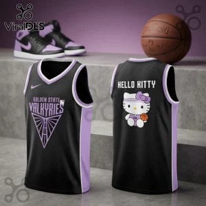 Golden State Valkyries x Hello Kitty black basketball jersey featuring purple accents and team logo on front and back.