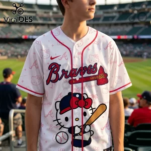 White Atlanta Braves baseball jersey featuring a Hello Kitty pattern, red piping, and a large Hello Kitty graphic.!