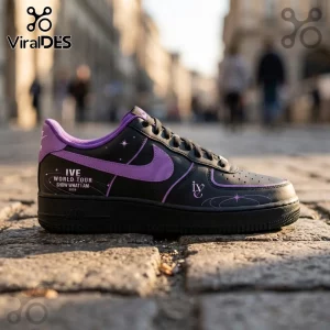 IVE Show What I Am Black Purple Custom Air Force 1 Shoes featuring printed star motifs and tour branding on leather.