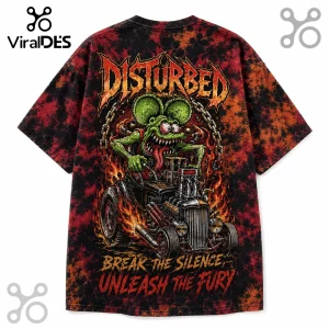 Disturbed band t-shirt with red and black tie-dye featuring a green rat character driving a flaming hot rod vehicle.!
