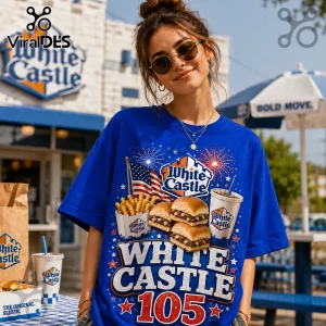 White Castle 105th Anniversary Royal Blue T-Shirt featuring sliders, fries, and American flag graphic print.