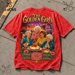 Red acid-wash t-shirt featuring The Golden Girls cast with cocktails, cheesecake, and text reading Best Friends Forever.!