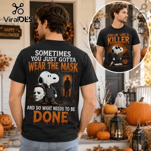 Snoopy Halloween Michael Myers Chillin Killer T-Shirt showing Snoopy in a horror mask with text on a black cotton tee.
