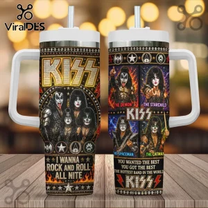 KISS rock band tumbler with white handle and straw, featuring band members, logos, and I Wanna Rock and Roll All Nite text.!