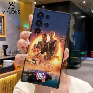 Grand Theft Auto VI Vice City Clear Phone Case 2026 featuring game characters against a golden sunset and tropical ocean.