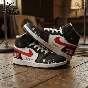 Rush Fifty Something Tour 2026 High-Top Sneakers featuring black, white, and red leather with band imagery on wood floor.