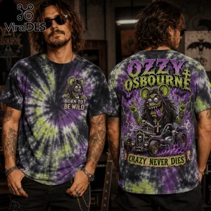 Ozzy Osbourne tie-dye t-shirt with front and back graphic prints of a heavy metal rat character driving a hot rod.!