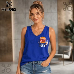 Burger King Vintage Burger and Fries V-Neck Tank Top in royal blue with a retro logo graphic on a woman.