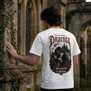 Bram Stoker's Dracula Gothic Romance White T-Shirt featuring a vampire couple, gothic castle, and red roses back print.