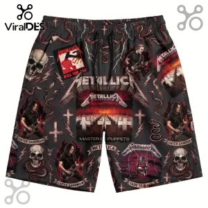 Metallica black athletic shorts featuring Master of Puppets album art, skulls, snakes, and Enter Sandman band graphics.!