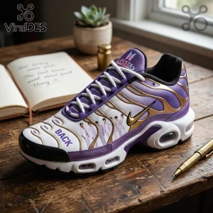 BTS x ARMY Purple Air Cushion Air Max Sport Shoes featuring band imagery, gold accents, and white soles on a wood table.