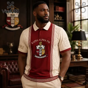Kappa Alpha Psi polo shirt featuring burgundy center panel, cream sides, embroidered crest, Greek text, and 1911 detailing.!
