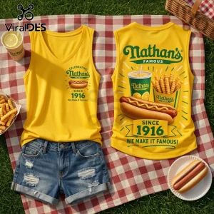Nathan's Famous Since 1916 V-Neck Tank Top in yellow with hot dog, fries, and drink graphics on a picnic blanket.