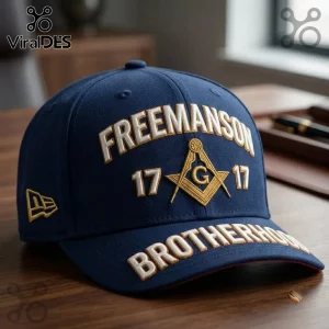 Freemason 1717 Embroidered Brotherhood baseball cap in navy blue with gold and white 3D stitched Masonic emblems.