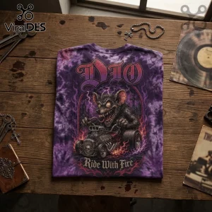 Purple tie-dye t-shirt featuring a rat driving a hot rod, the text DIO, and the phrase Ride With Fire.!