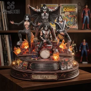 KISS Destroyer 50th Anniversary Limited Edition Acrylic Plaque featuring four band member figures on a flame base.