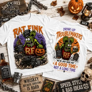 Rat Fink Drink Up Troublemakers Halloween T-Shirt showing a green hot rod character holding whiskey by a pumpkin.
