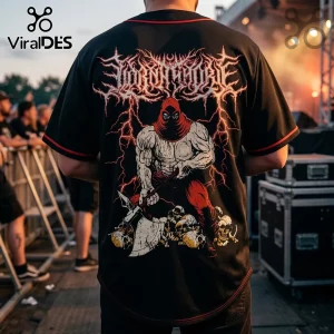 Black baseball jersey with death metal logo, red hooded warrior holding an axe, lightning, and skulls on the back.!