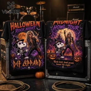 Snoopy x Def Leppard Midnight Howl Halloween T-Shirt featuring rock star Snoopy and band graphics on black cotton fabric.