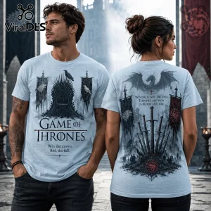 Light blue t-shirt with Game of Thrones graphic, featuring the Iron Throne on front and swords with dragon on back.!