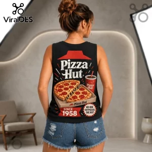 Pizza Hut 1958 Vintage Logo V-Neck Tank Top on a woman featuring a retro pizza graphic, red roof icon, and text on black.