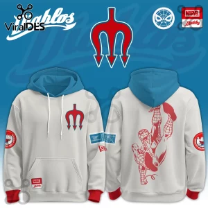 Diablos Rojos x Spider-Man Marvel Beige Hoodie showing front and back views with blue hoods and red graphic prints.
