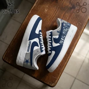 Dallas Cowboys Navy Blue Skyline Air Force 1 sneakers with white leather base, blue accents, and city skyline graphic.