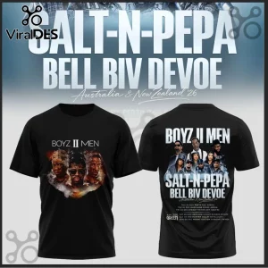 Black cotton t-shirt featuring Boyz II Men, Salt-N-Pepa, and Bell Biv Devoe tour dates for Australia and New Zealand '26.!