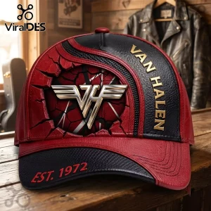 Van Halen Logo Red and Black Baseball Cap featuring a cracked red background with a metallic VH emblem and EST 1972 text.