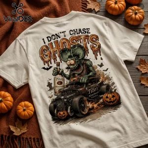 Tito's Vodka Rat Halloween Hot Rod T-Shirt featuring a cartoon rodent driving a vintage car with a vodka bottle.