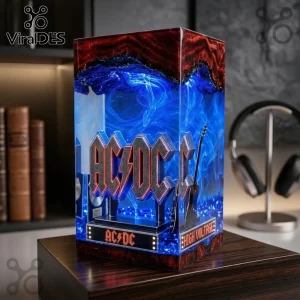 AC/DC rectangular resin night light with internal blue swirling LED smoke effect and black electric guitar silhouette.!