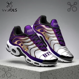 BTS ARMY Purple Galaxy Air Max Plus sneakers featuring white, purple, and gold nebula patterns with BTS and ARMY text.