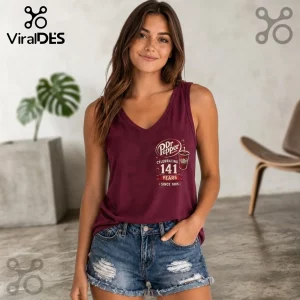 Dr Pepper 141st Anniversary V-Neck Tank Top in maroon featuring a white commemorative logo graphic on the chest.