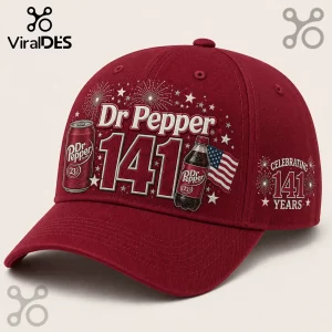 Dr Pepper 141st Anniversary burgundy baseball cap featuring soda can, bottle, fireworks, and American flag graphics.