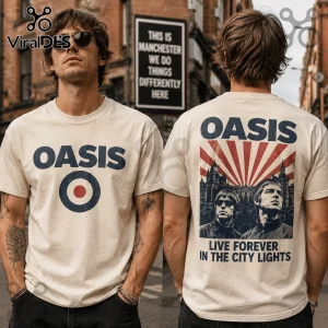 Off-white cotton t-shirt with Oasis band logo and mod target on front, and band members print on back with city graphic.!
