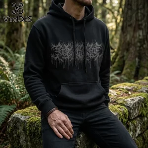 Black hooded sweatshirt with a grey metallic death metal band logo print across the chest, worn outdoors in a forest.!