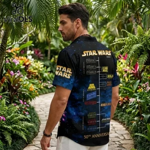 Man wearing a black Star Wars button-down shirt featuring a galaxy print and a film timeline with text on the back.!