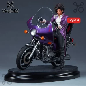 Prince Purple Rain Diorama Desktop Figurine featuring the artist on a purple motorcycle with the symbol on the fairing.